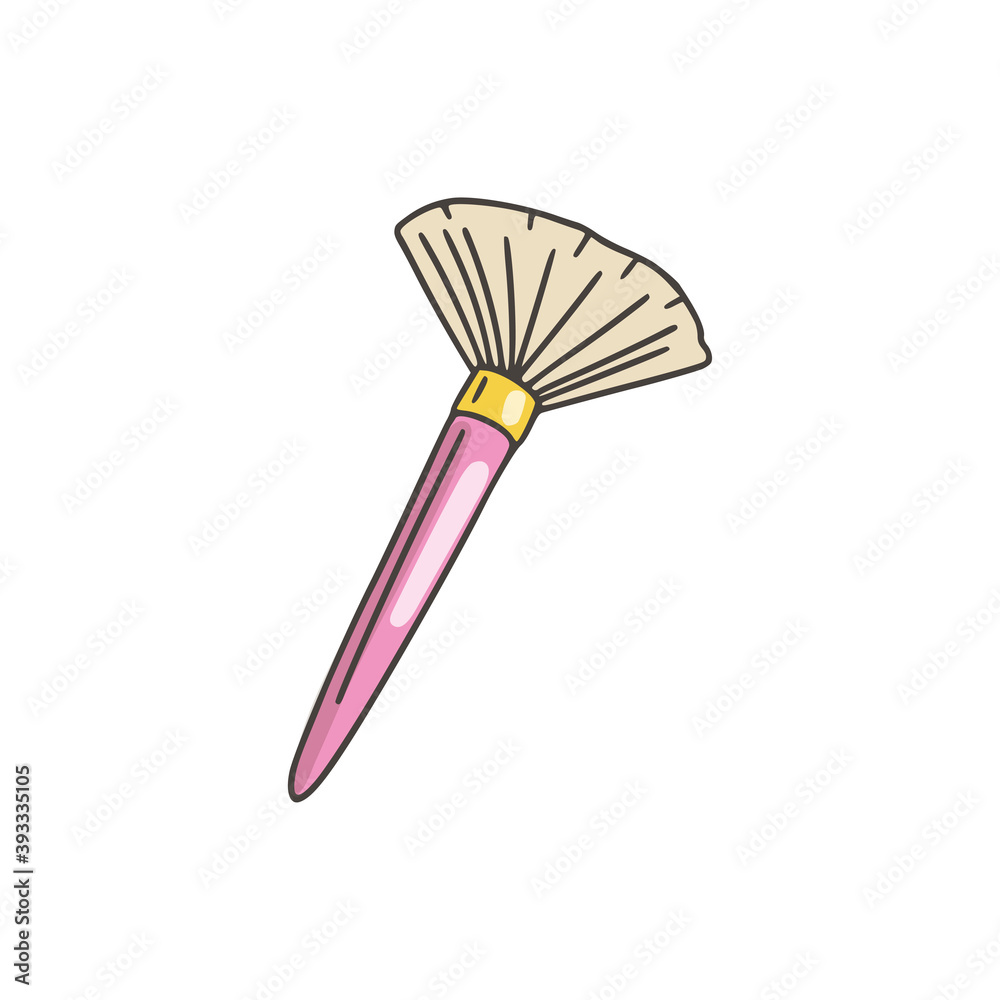 Fan brush for applying cosmetics. Beauty accessory. Girly stuff. Colorized doodle style. Vector illustration on isolated white background. For printing on paper and canvas, web design