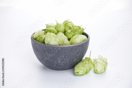 Ripe hops in a bowl on a white background