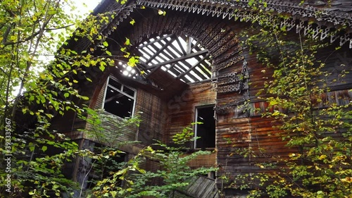 Ruins of an old wooden abandoned house. 
 Abandoned pioneer camp 