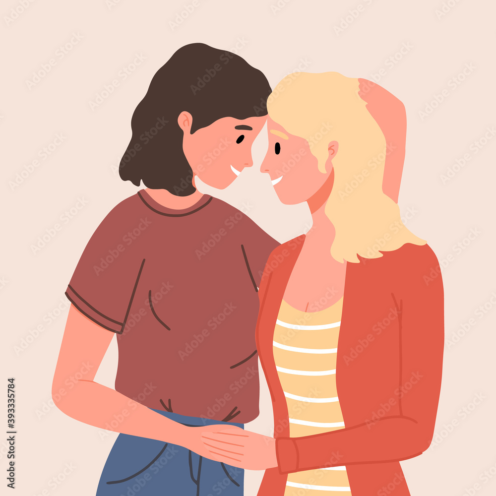 Obraz premium Lesbian female couple hugging, gay couple. Woman hug and kiss. Homosexuality. LGBTQ+ people, lesbians, human rights freedom. Love relationship, romantic date. Valentine's Day.
