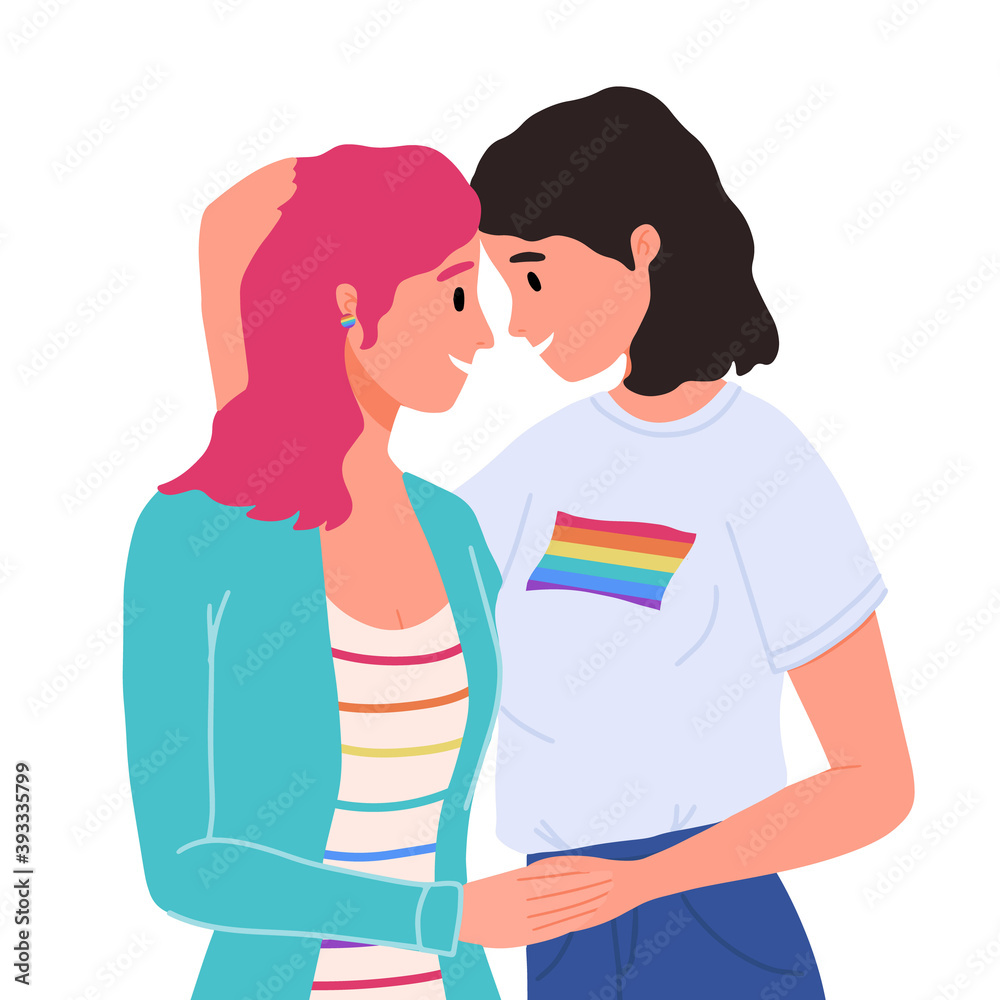 Lesbian female couple hugging, gay couple. Woman hug and kiss. Homosexuality. LGBTQ+ people, lesbians, human rights freedom. Love relationship, romantic date. Valentine's Day.