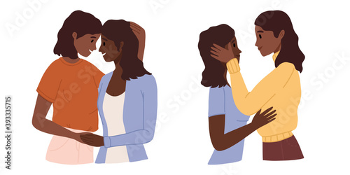 Lesbian female couple hugging, gay couple. Woman hug and kiss. Homosexuality. LGBTQ+ people, lesbians, human rights freedom. Multiethnic characters, african ladies. Love relationship, romantic date.