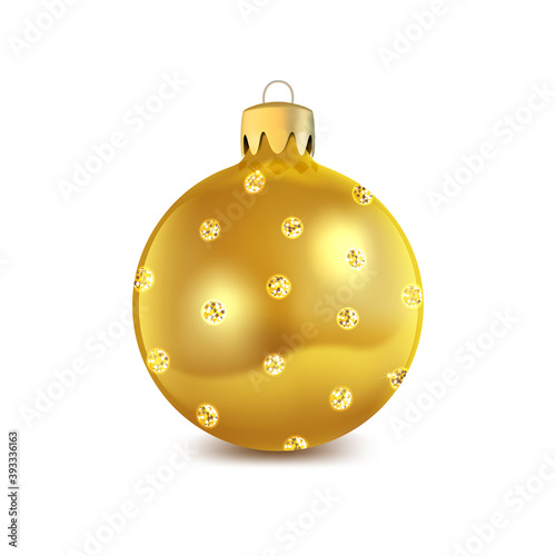 Golden Christmas tree toy with sparkles, Christmas ball, holiday decoration, realistic vector.