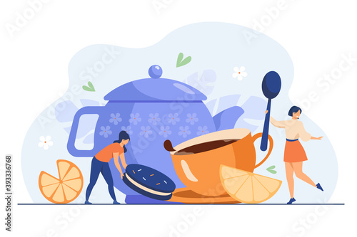Tiny women drinking tea with cookie flat vector illustration. Cartoon girl rolling lemon slice to huge cup with hot beverage. Tea time and festive winter party work concept