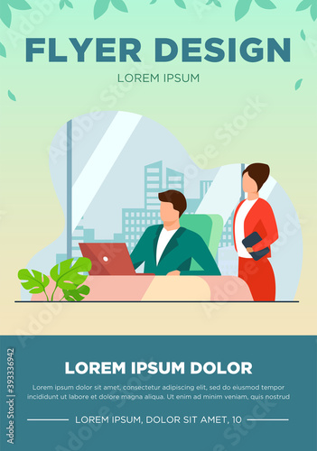Boss instructing assistant. Office workers sitting and standing at laptop flat vector illustration. Workplace, corporate communication concept for banner, website design or landing web page