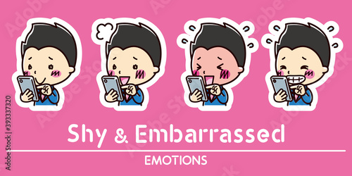スマホと男性の表情セット / 照れる / 恥ずかしい