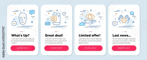 Set of Business icons, such as Health eye, Medical phone, Face biometrics symbols. Mobile screen banners. Safe time line icons. Optometry, Mobile medicine, Facial recognition. Management. Vector