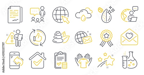 Set of Business icons, such as Refresh like, People chatting, World mail symbols. Incoming call, Spa stones, Hold t-shirt signs. Winner ribbon, Chemistry flask, Document signature. Vector
