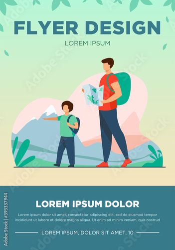Dad and son with backpacks walking outdoors. Tourists with map trekking in mountains flat vector illustration. Vacation, family travel, hiking concept for banner, website design or landing web page