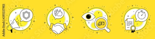 Apple, Security and Dollar money line icons set. Megaphone, licence and deal vector icons. Timer sign. Fruit, Protection shield, Cash with coins. Deadline management. Business set. Vector