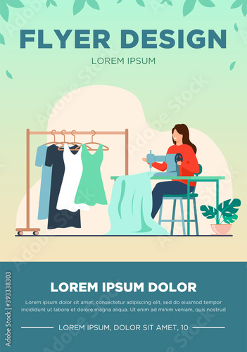 Woman sewing new dress on stitching machine. Seamstress, cloth, apparel flat vector illustration. Fashion and craftwork concept for banner, website design or landing web page