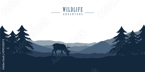 wildlife deer in forest with mountain view blue nature landscape vector illustration EPS10