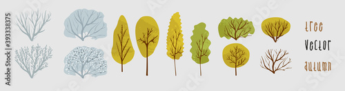 Vector illustration. Autumn and winter deciduous trees. Hand drawn trees doodle set collection,  different trees in scandinavian style.
