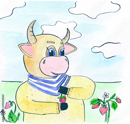 watercolor illustration of a bull collecting strawberries in a field in summer