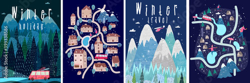 Set of vector illustrations. People in the winter in a hand-drawn Scandinavian style. Winter backgrounds, winter landscape, mountains, forests, ski resort, hotel and vacations.
