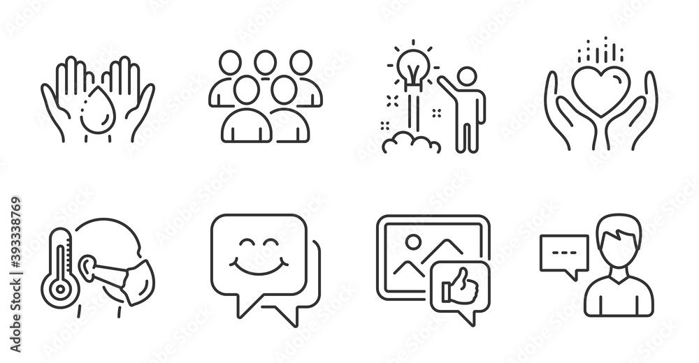 Group, Like photo and Creative idea line icons set. Hold heart, Wash hands and Smile face signs. Sick man, Person talk symbols. Developers, Thumbs up, Startup. People set. Quality line icons. Vector Group, Like photo and Creative idea line icons set. Hold heart, Wash hands and Smile face signs. Sick man, Person talk symbols. Developers, Thumbs up, Startup. People set. Quality line icons. Vector