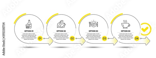 Whiskey glass, Mint tea and Romantic dinner line icons set. Timeline process infograph. Coffee sign. Scotch drink, Mentha beverage, Love food. Cappuccino. Food and drink set. Vector