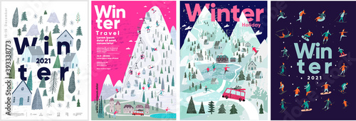 Set of vector illustrations. People in the winter in a hand-drawn Scandinavian style. Winter backgrounds, winter landscape, mountains, forests, ski resort, hotel and vacations.