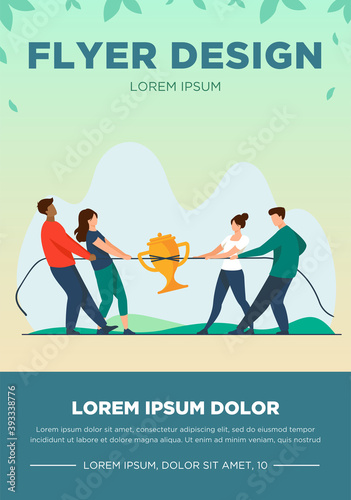 Teams competing for prize. People playing tug-of-war, pulling rope with golden cup flat vector illustration. Competition, contest concept for banner, website design or landing web page