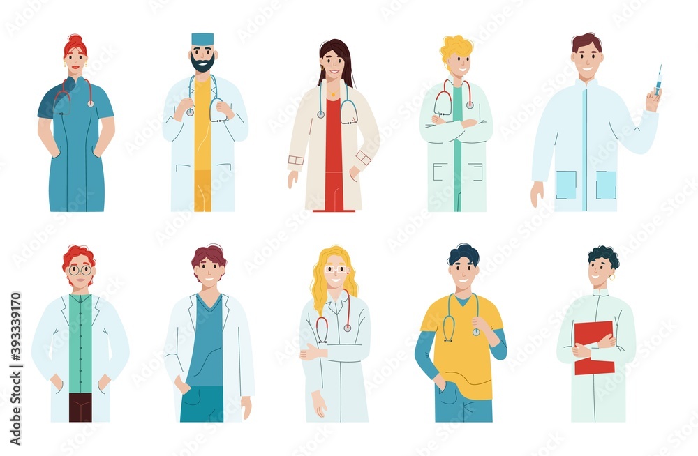 Doctor portrait with male and female hospital staff. Medical worker, healthcare medic and paramedic character as surgeon, physician, nurse, intern vector illustration isolated on white background Doctor portrait with male and female hospital staff. Medical worker, healthcare medic and paramedic character as surgeon, physician, nurse, intern vector illustration isolated on white background