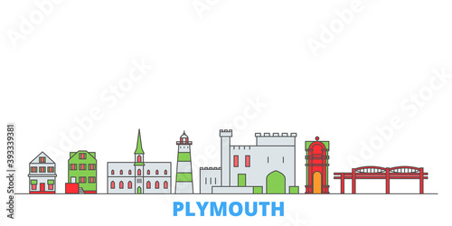 United Kingdom, Plymouth cityscape line vector. Travel flat city landmark, oultine illustration, line world icons