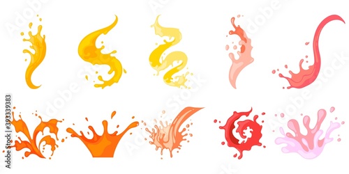 Colourful row with spiral, pouring, falling, flowing spattering splash and squirt. Splattered pure juice, lemonade, cocktail shake or jam vector illustration isolated set on white background