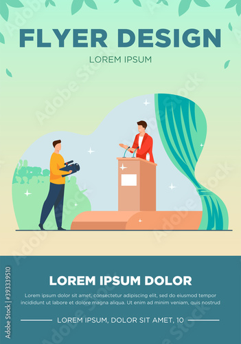 Cameraman shooting speaker on stage. Politician speaking on rostrum before audience flat vector illustration. Spokesman, election campaign concept for banner, website design or landing web page