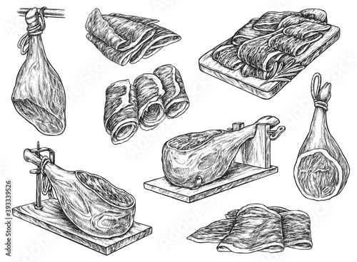 Spanish jamon leg on stand and ham meat slices isolated sketch. Pork meat snack with jamon, prosciutto, bacon roll and strips on vintage engraving vector illustration