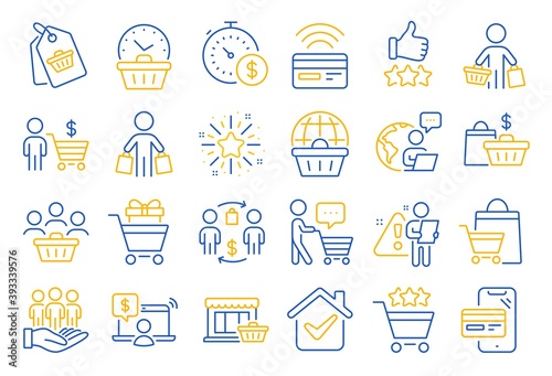 Buyer customer line icons. Contactless payment card, shopping cart and group of people. Store, buyer loyalty card, client ranking set icons. Shopping timer, phone payment, currency. Vector