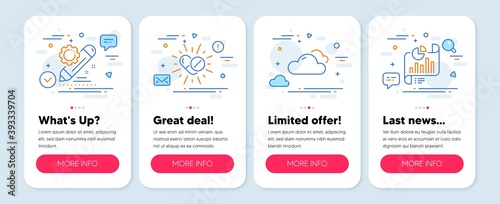 Set of Science icons, such as Project edit, Medical drugs, Cloudy weather symbols. Mobile screen mockup banners. Report document line icons. Settings, Medicine pills, Sky climate. Growth chart. Vector