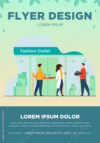 Outlet opening ceremony. Man cutting red ribbon, journalist, cameraman flat vector illustration. Fashion news, reportage, shopping concept for banner, website design or landing web page