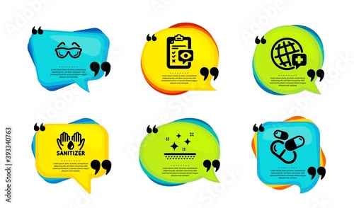 Clean skin, Hand sanitizer and Eye checklist icons simple set. Speech bubble with quotes. World medicine, Eyeglasses and Capsule pill signs. Face cream, Hygiene care, Optometry. Vector