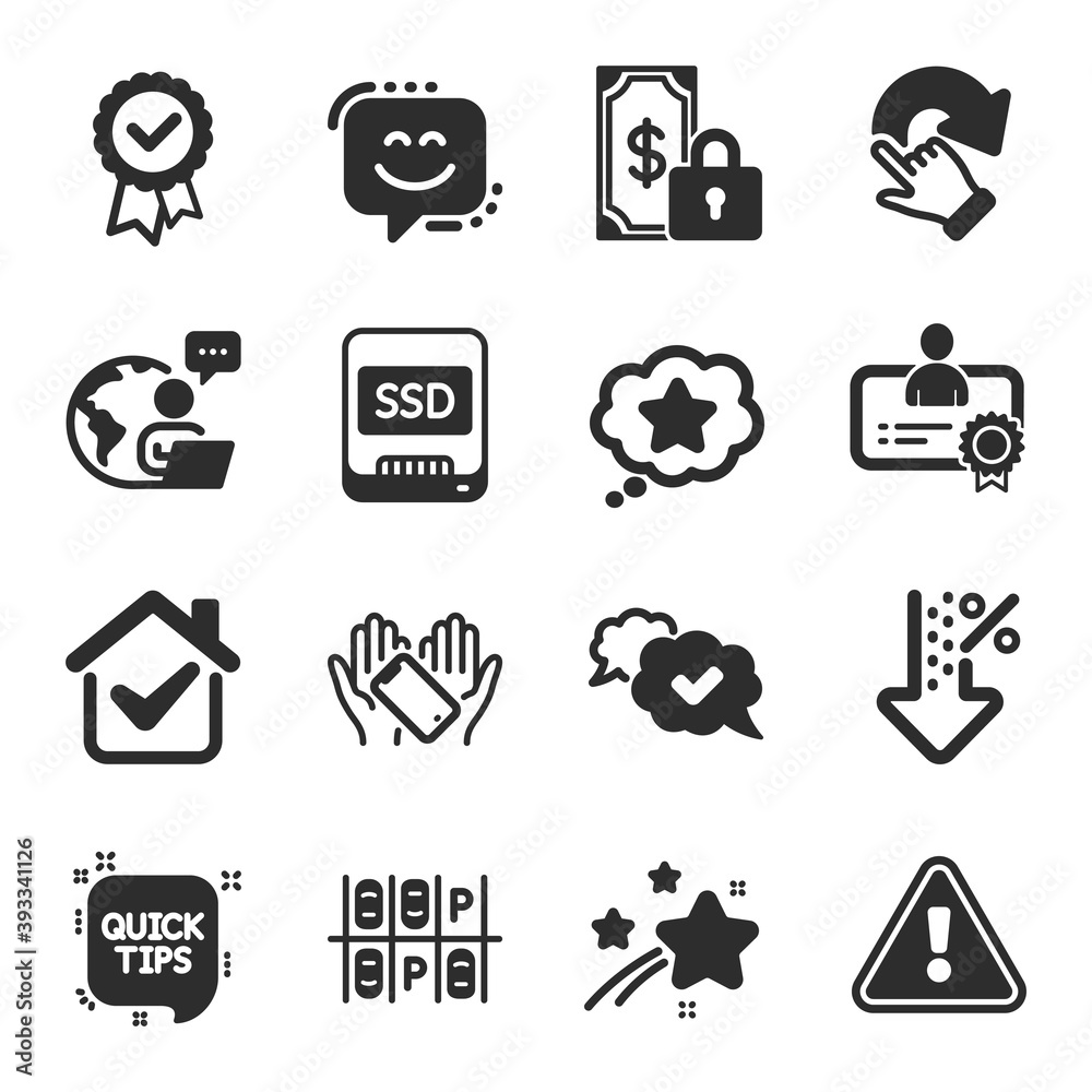 Set of Technology icons, such as Rotation gesture, Ssd, Quick tips symbols. Loyalty star, Certificate, Approved signs. Low percent, Private payment, Tested stamp. Parking place, Smile face. Vector Set of Technology icons, such as Rotation gesture, Ssd, Quick tips symbols. Loyalty star, Certificate, Approved signs. Low percent, Private payment, Tested stamp. Parking place, Smile face. Vector