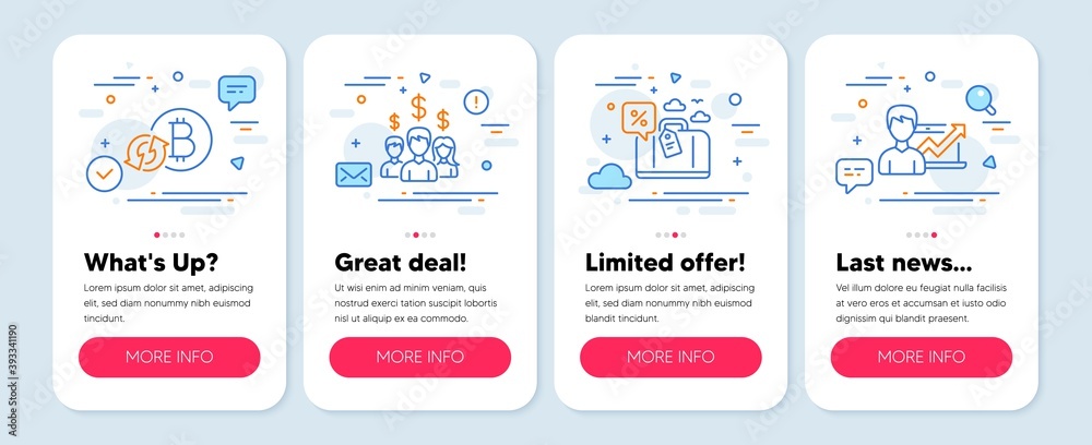 Set of Finance icons, such as Refresh bitcoin, Travel loan, Salary employees symbols. Mobile app mockup banners. Success business line icons. Vector