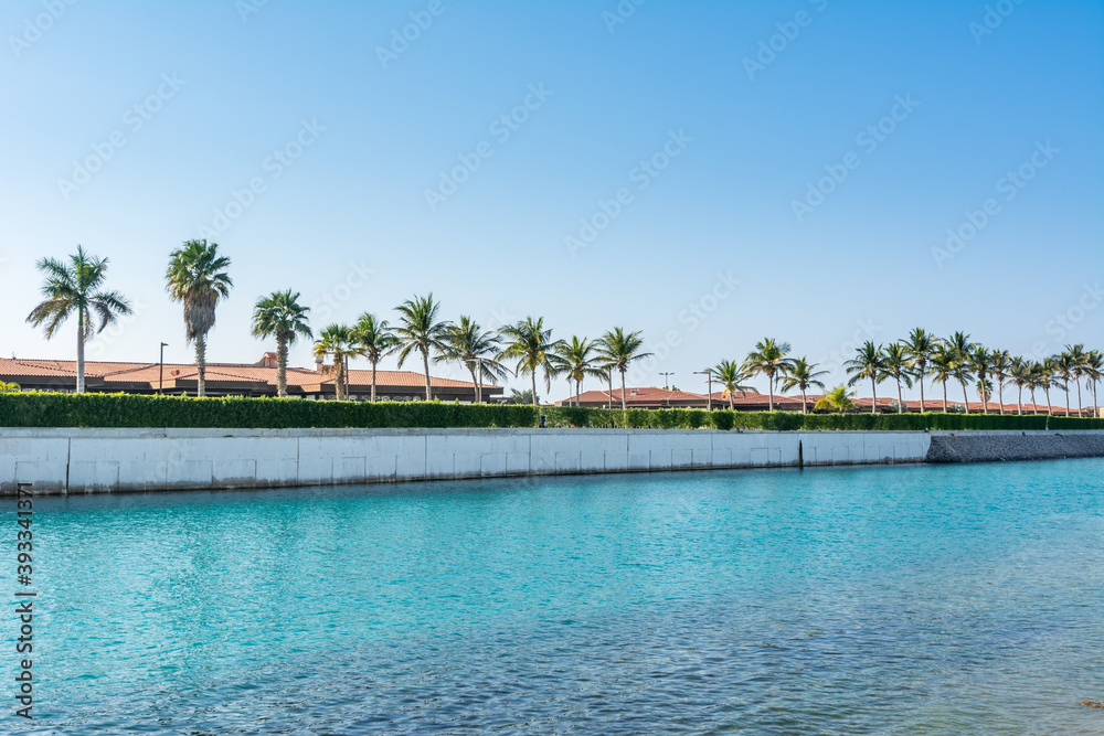  Luxury villa with palm trees in the resort of Jeddah Corniche, 30 km coastal resort area of Jeddah city with coastal road, recreation areas, pavilions in Jeddah, Saudi Arabia