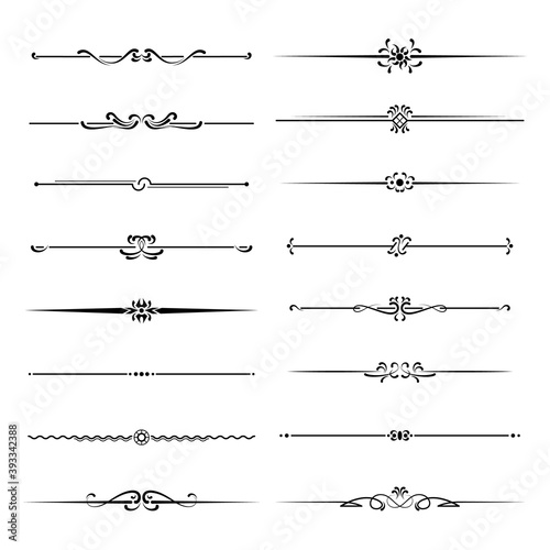 Set of ornamental filigree flourishes and thin dividers on white background