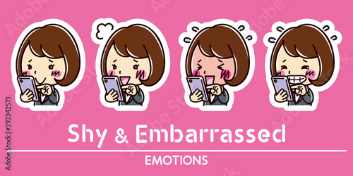 スマホと女性の表情セット / 照れる / 恥ずかしい