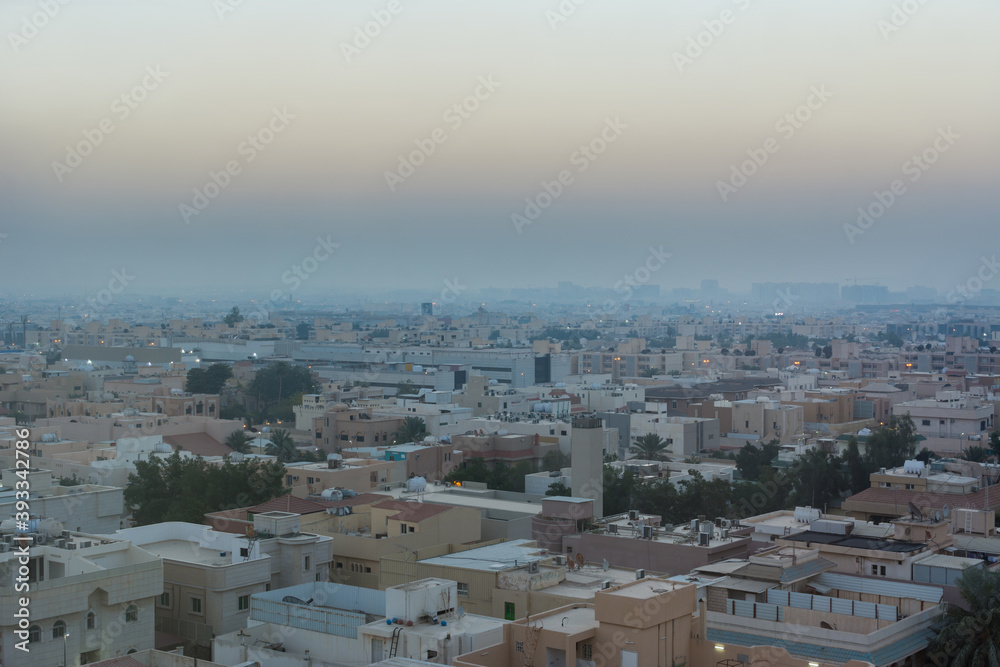 Aerial view of dawn of Riyadh with building rooftops
