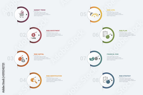 Infographic Risk Management template. Icons in different colors. Include Market Trend, Risk Investment, Capital, Identification and others.