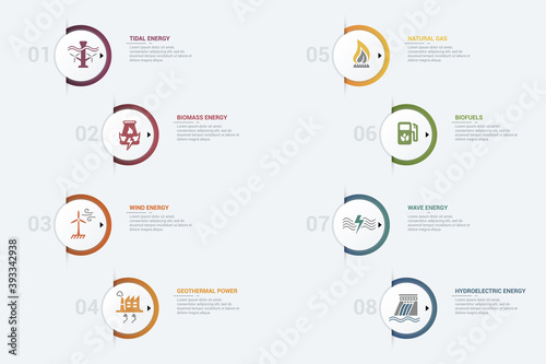 Infographic Alternative Energy template. Icons in different colors. Include Tidal Energy, Biomass Energy, Wind Energy, Geothermal Power and others.