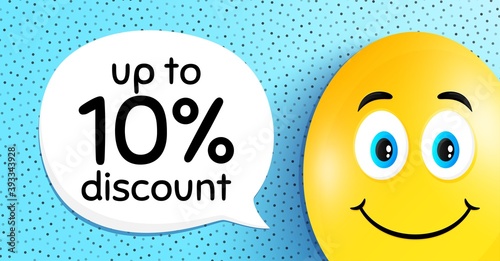 Up to 10% Discount. Easter egg with smile face. Sale offer price sign. Special offer symbol. Save 10 percentages. Easter smile character. Discount tag speech bubble. Yellow egg background. Vector
