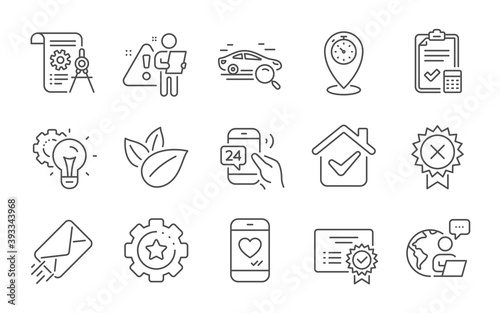 Timer, Accounting checklist and Certificate line icons set. E-mail, Reject medal and Love chat signs. Organic product, 24h service and Search car symbols. Line icons set. Vector