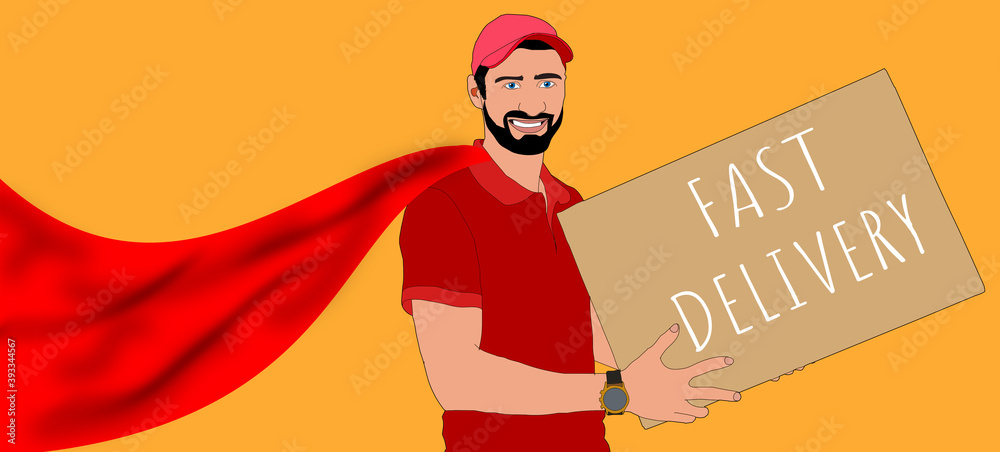 fast delivery service. delivery guy in a red cape superhero with box. illustration fast delivery service. delivery guy in a red cape superhero with box. illustration