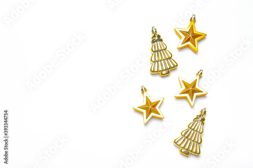 Christmas toys on a white background . Isolate. Yellow toys. Copy space. Article about new year