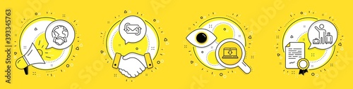 Refresh mail, Global business and Internet downloading line icons set. Megaphone, licence and deal vector icons. Airport transfer sign. New e-mail, Outsourcing, Load data. Baggage reclaim. Vector