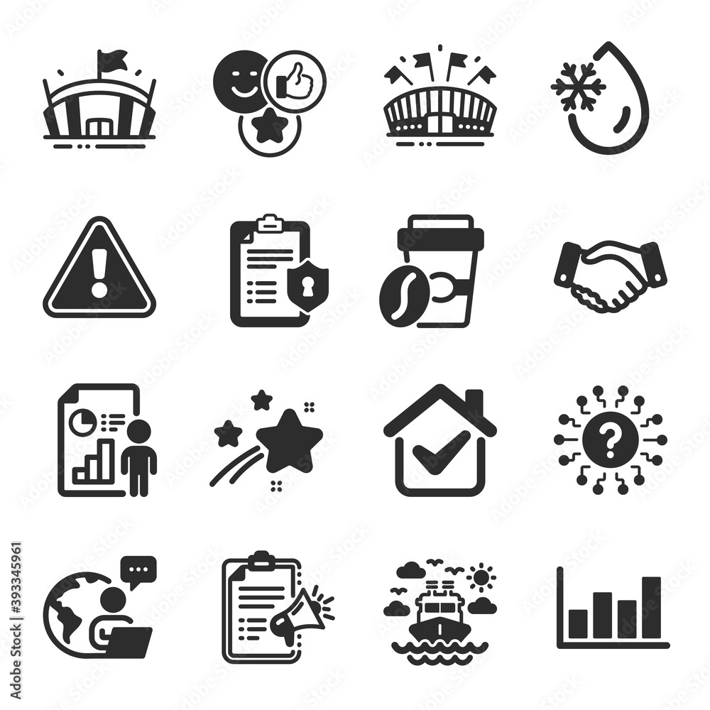 Set of Business icons, such as Arena, Takeaway coffee, Ship travel symbols. Privacy policy, Business report, Sports arena signs. Like, Report diagram, Question mark. Megaphone checklist. Vector Set of Business icons, such as Arena, Takeaway coffee, Ship travel symbols. Privacy policy, Business report, Sports arena signs. Like, Report diagram, Question mark. Megaphone checklist. Vector