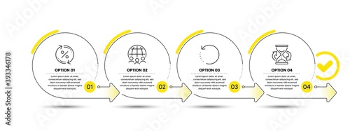 Global business, Recovery data and Loan percent line icons set. Timeline process infograph. Hourglass sign. Outsourcing, Backup info, Change rate. Sand watch. Business set. Vector