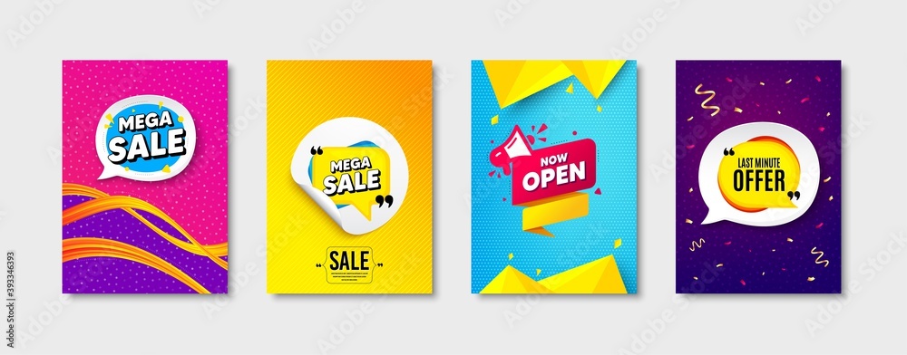 Mega sale bubble, Now open message and Last minute offer set. Sticker template layout. Special offer sticker. Discount speech bubble, promotional sale sticker banner. Speech bubble banner. Vector