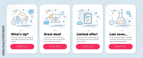 Set of Education icons, such as Checklist, Judge hammer, Safe time symbols. Mobile screen app banners. Chemistry lab line icons. Survey, Judgement, Hold clock. Laboratory. Checklist icons. Vector