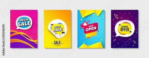 Mega sale bubble, Now open message and Last minute offer set. Sticker template layout. Special offer sticker. Discount speech bubble, promotional sale sticker banner. Speech bubble banner. Vector